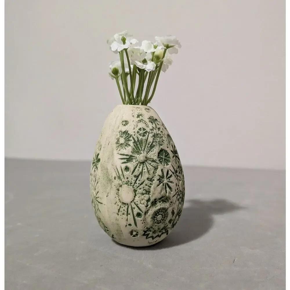 Vintage Ed Brinkman Studio Art Pottery Egg Bud Vase Carved Floral Green MCM